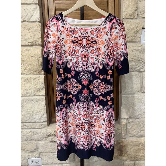 Eliza J Pink Navy Floral Paisley Shift Dress Size 0 Short Sleeve Classic Refined - Picture 2 of 6